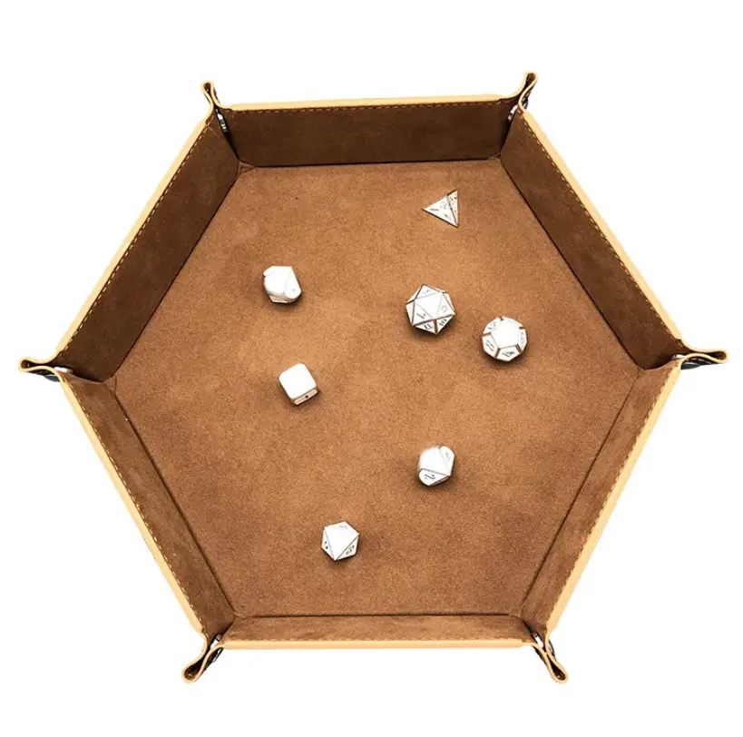 カスタムPUレザーベルベットダイストレイ折りたたみ式六角形テーブルゲームサービングトレイジュエリー小物収納ホルダー