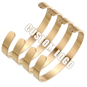 Fashion Jewelry <b>Bracelets</b> Bangle <b>Adjustable</b> 18K Gold Plated 8mm Custom Engraved Logo Stainless Steel Open Cuff <b>Bracelet</b> - Product Image 1