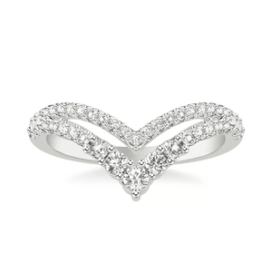 Solid 18K White Gold Chevron Wishbone <b>Ring</b>, Prong & Pave Set Lab Grown <b>Diamond</b> V Shape Stackable Wedding Band for Women - Product Image 1