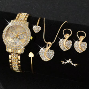 <span class=keywords><strong>Montre</strong></span> à quartz pour <span class=keywords><strong>femme</strong></span>, ensemble de bijoux de <span class=keywords><strong>luxe</strong></span> en <span class=keywords><strong>or</strong></span> avec bague, collier, boucles d'oreilles et strass, <span class=keywords><strong>montre</strong></span>-bracelet tendance pour <span class=keywords><strong>femme</strong></span>, montres décontractées pour dames - Product Image 1