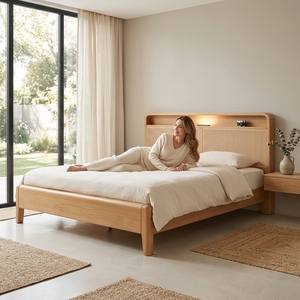 Lüks Masif Ahşap Yatak Rattan Başlıklı Modern Minimalist Depolama Alanlı Yatak Çerçevesi LED Işıklı Japandi Tarzı Ana Yatak Odası Mobilyası - Product Image 6