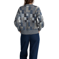 Cardigan en tricot jacquard à carreaux en maille, patchwork jean et denim, col rond, manches longues, en laine et acrylique, pour femme, vente en gros sur mesure