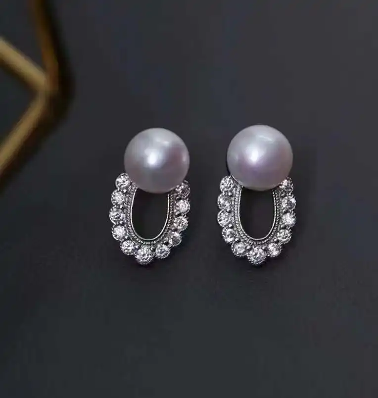 Boucles d'oreilles en perles de cristal en dentelle s925 Silver Needle Anti Allergy Earrings 8-9MM Natural High Quality Freshwater Pearl Earrings
