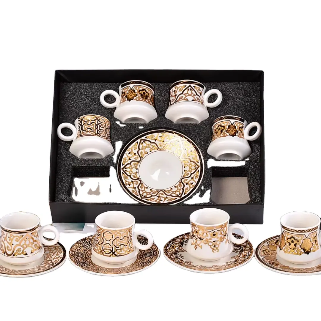 wholesale cheap fancy 12 Pcs Turkey Arabic tea cup saucer and kawa cups white mug ceramic coffee cups 100ml 200ml
