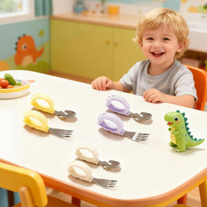 Набор детской посуды Biboo: ложка и вилка из пищевого силикона и нержавеющей стали без BPA, в форме животных, для кормления малышей - Product Image 1