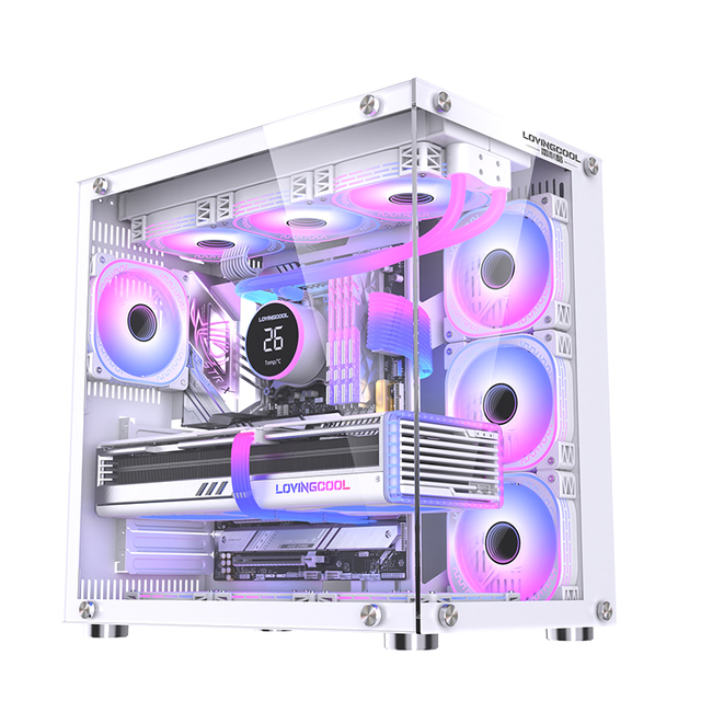 Lovingcool OEM Full Tower ATX Desktop PC Case 3 Side Glass White Pc Casing CPU Cabinet MATX Acrylic Cooling Gaming Computer Case