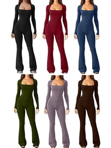 IStapromo Gifts Women's Square Neck Long Sleeve Wide Leg One Piece Active Wear Fitness <b>Workout</b> Gym Sports Yoga Flared <b>Jumpsuit</b> - Product Image 1