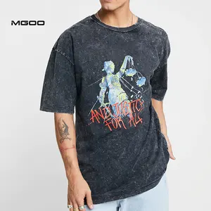 MGOO Vintage siyah baskılı büyük grafik Tees erkekler boy Crewneck t shirt asit yıkama t gömlek