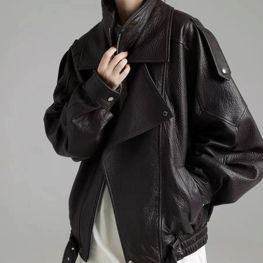 4166 New Arrival Hot Sale Oversized Double-layer Collar Oversized  Leather Jacket Coat Real Sheepskin Leather Jacket for Women