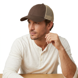 Brown Mesh Trucker <b>Hat</b> 6-Panel Adjustable Casual Cap for <b>Men</b> Spring <b>Summer</b> Wear - Product Image 1
