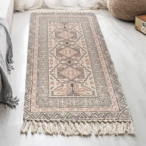 Tapis à pampilles tissé à la main, en coton et lin de couleur, de style bohème, pour chambre à coucher et salon, noué à la main