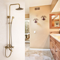 6821 Ensemble de douche de salle de bain antique européen avec douchette téléphonique murale, robinet de bain et de douche à effet pluie en laiton antique
