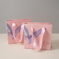 Sac de shopping en papier personnalisé avec motif papillon rose clair, de luxe, pour mariage, boutique, petit cadeau, bijoux, cosmétiques, avec ruban en satin