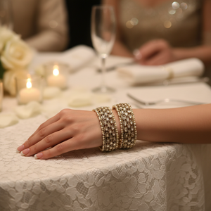 Gold Plated Crystal Stone and Pearl Bracelets <b>Set</b> Elegant Pearl <b>Bangles</b> Jewelry for Women Wedding Party Wear - Product Image 2