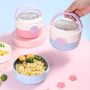 Boîte à lunch minimaliste double couche en acier inoxydable ronde avec compartiment à sauce pour étudiants et employés de bureau avec poignée pour couverts - Product Image 1