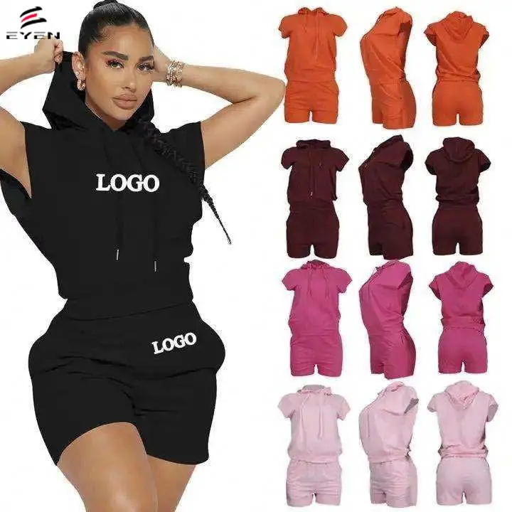 Custom Logo Vrouwen Zomer Sets Mouwloze Crop Top Gebreide Dameskleding Hoge Kwaliteit Loungewear Biker Jogger Tweedelige Set