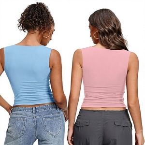 Top de punto fruncido rosa con cuello cuadrado para mujer, casual, de color liso, transpirable, mezcla de algodón y elastano, de longitud corta - Product Image 4