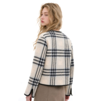 Veste en tweed à carreaux pour femme, sans col, avec bordure contrastée, boutonnée sur le devant, poche plaquée, style cardigan, OEM ODM