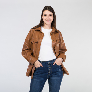 Veste décontractée chaude pour femme en cuir PU à manches longues avec boutons et poches pour l'automne et l'hiver - Product Image 1