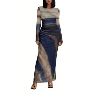 Vestido maxi de malla con efecto tie-dye para mujer - Vestido largo ajustado con fruncido y manga larga a la moda - Product Image 6
