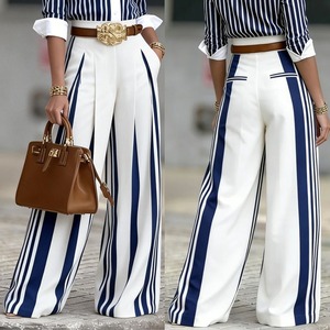 Nuovi <span class=keywords><strong>Pantaloni</strong></span> Estivi 2026 a Gamba Larga a Righe Verticali, Stile Francese Chic, Vita Alta, Drappeggiati, <span class=keywords><strong>Eleganti</strong></span> <span class=keywords><strong>Blu</strong></span> e Bianchi - Product Image 2