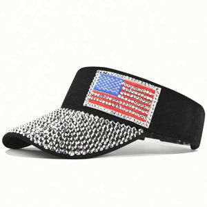 Design Your Own Wholesale Straw America Flag Crystal Sun Visor <b>Hat</b> with Rhinestone <b>for</b> Outdoor Travel Cycling - Product Image 1