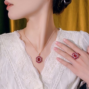 Wholesale Eco-friendly Copper Rose Gold Plated 6*8MM Red Zircon <b>Bridal</b> Pendant Earrings Jewelry Set for Wedding - Product Image 6