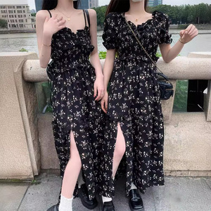 Black Floral Print Dress Women 2025 Summer French Style Puff Sleeve Elastic Waist Long Princess Dress With Slit Daily Wear - Product Image 3