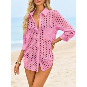 Cache-maillot de bain pour femme en polyester tissé ajouré, manches longues, col en V, coupe ample, style boutonné, pour la plage - Product Image 3