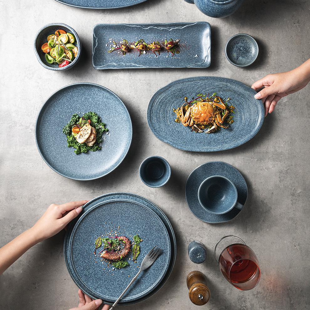 Conjunto de louças de cerâmica Platon para hotel e restaurante, roupa de cerâmica para jantar, prato de cerâmica personalizado, azul cinza, para restaurante, venda imperdível