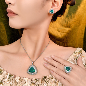 High Quality Eco-friendly Copper Triangle Cut 17*17mm & 12*12mm Green Zircon Necklace <b>Earrings</b> Ring Set Geometric Jewelry Set - Product Image 2