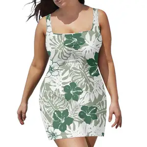 히비스커스 꽃 조끼 인쇄 수요에 착용 여성 의류 패션 민소매 스커트 여름 원피스 하와이안 비치 드레스