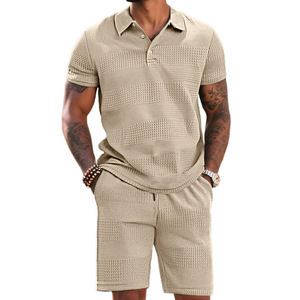 Ensemble polo bleu clair pour homme, manches courtes, couleur unie, coupe décontractée, tenue d'été, texture jacquard, style sportif - Product Image 5