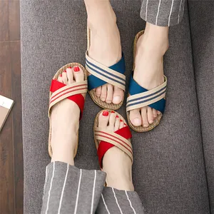 Summer Flax Slippers Mixed Colors Casual Indoor Floor Shoes Home Slipper Women Men Open Toe Slippers Flat Shoes