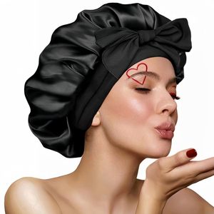 Bonnet en satin, bonnet en soie pour dormir, bonnet ajustable pour femmes aux cheveux bouclés avec bande à nouer - Product Image 1