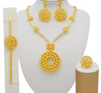 Parure de bijoux africaine 4 pièces plaqué or 24 carats, style vintage, comprenant collier à grand pendentif rond, boucles d'oreilles, bague et bracelet, pour mariage, fiançailles et mariée