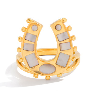 Horseshoe <b>Ring</b> Mother Of Pearl Inlay <b>Titanium</b> Steel Unisex Fashion Jewelry Gift - Product Image 5