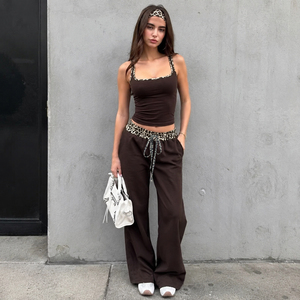 Women 2 Piece <b>Set</b> Leopard Trim Camisole Top High Waist Drawstring Wide Leg Pants Casual Sexy Summer Outfit <b>Set</b> - Product Image 4