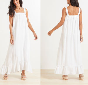 ชุดเดรสยาวปานกลางสีขาวผ้าลินินผสมผ้าฝ้ายสองชั้นจีบระบายไหล่เฉียงสำหรับผู้หญิง ฤดูใบไม้ผลิ 2023 - Product Image 2