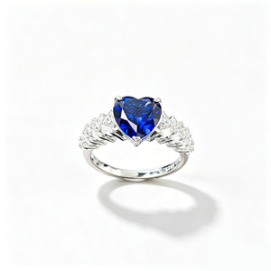 Bague de mariage en argent sterling S925 avec pierre précieuse saphir en forme de cœur romantique pour femmes - Product Image 1