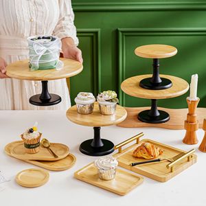Bamboo Dessert Stand Tiered With Handle For Home Tea Party Serving Trays Multifunctional Decorative Wooden Pattern - Product Image 3