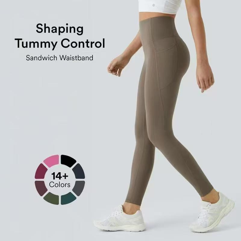 Women's High Waist Tummy Control Hip Lifting Solid Color Yoga Leggings With Pockets Slimming High Stretch Fitness Running Pants