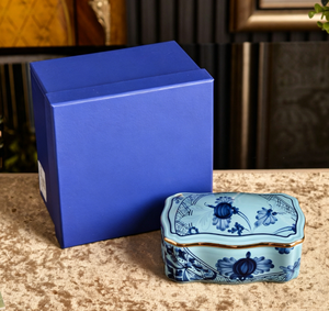 <b>Light</b> Blue Porcelain Jewelry Box With Dark Blue Floral Print Gold Edge For <b>Vanity</b> Table Decoration - Product Image 1