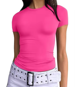 T-shirt estiva a maniche corte tinta unita, T-shirt da donna aderente, comoda, traspirante, in poliestere semplice - Product Image 5
