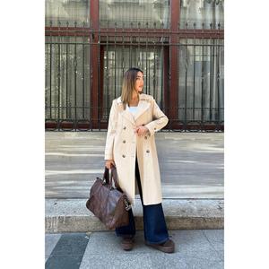 Elegante Gabardina Larga Beige con Cinturón, Cortavientos, Otoñal, para Mujer, Tejida, de Manga Larga - Product Image 6