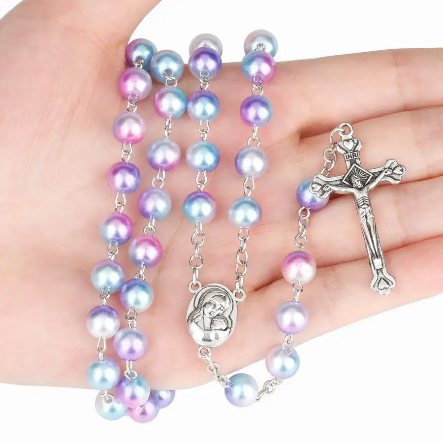 12 colors Religion Rosary necklace For Women Christian Virgin Mary Jesus Cross pendant Long beads chains Fashion Jewelry Gift