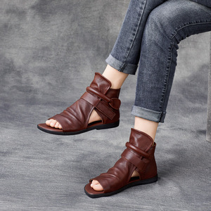 Botas Romanas Casuales de Verano y Primavera, Hechas a Mano, de Piel Vacuna, Estilo Casual, con Suela Plana, de Caña Alta, con Velcro y Punta Abierta - Product Image 1