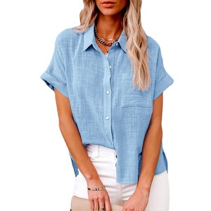 Women's S-3XL Size Spring Summer New Casual Shirts <b>Tops</b> Cotton Linen Pocket Solid Short Sleeve Shirt T-shirt Women's Blouse - Product Image 5