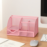Organisateur de bureau en maille rose de grande capacité 7 compartiments porte-stylo en fer et rangement pour pinceaux de maquillage