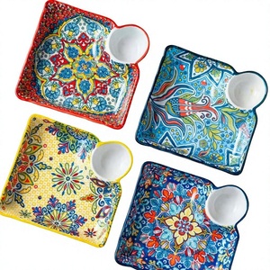 Plato bohemio para dumplings con plato para vinagre, plato de cerámica para el hogar, plato de desayuno segmentado, plato de alta gama específico para dumplings - Product Image 1